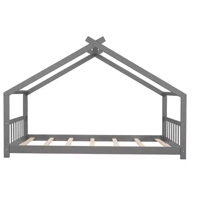 Lits cabanes jumeaux/doubles avec toit pour enfants, cadre de lit Montessori au sol en bois, lit plateforme pour garçons et filles, gris
