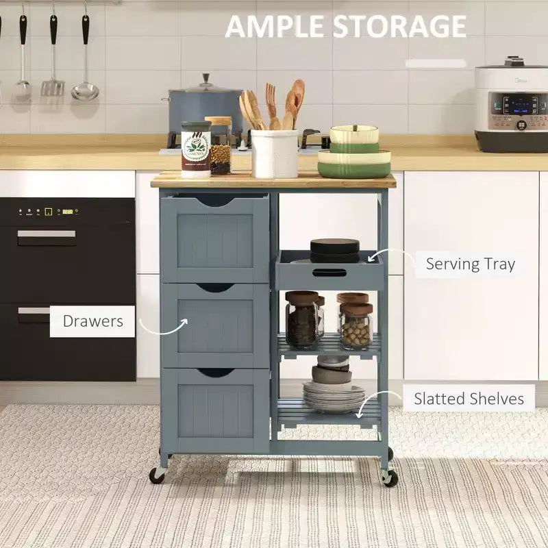 Îlot de cuisine moderne Okak avec plateau en bois, chariot de cuisine avec 3 tiroirs et 3 étagères, organisateur de comptoir pour salle à manger, cuisine