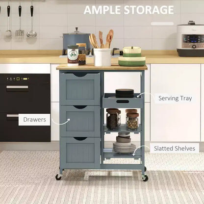 Îlot de cuisine moderne Okak avec plateau en bois, chariot de cuisine avec 3 tiroirs et 3 étagères, organisateur de comptoir pour salle à manger, cuisine