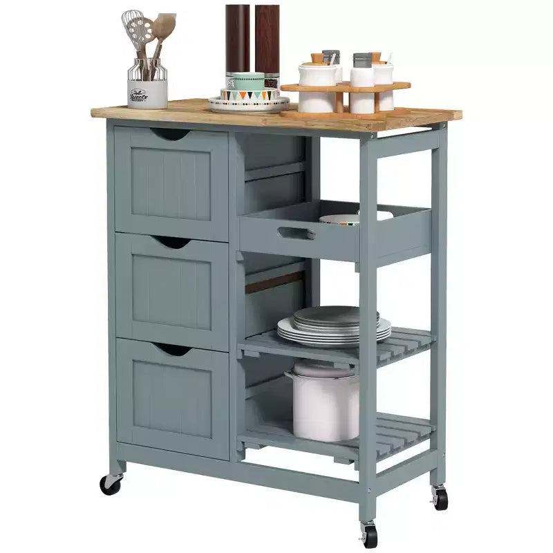 Îlot de cuisine moderne Okak avec plateau en bois, chariot de cuisine avec 3 tiroirs et 3 étagères, organisateur de comptoir pour salle à manger, cuisine