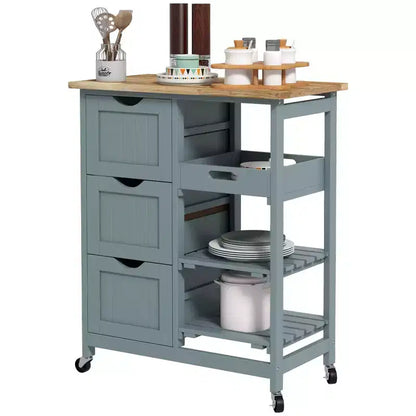 Îlot de cuisine moderne Okak avec plateau en bois, chariot de cuisine avec 3 tiroirs et 3 étagères, organisateur de comptoir pour salle à manger, cuisine