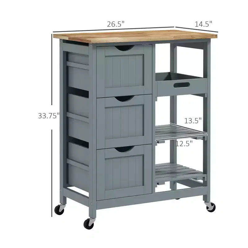 Îlot de cuisine moderne Okak avec plateau en bois, chariot de cuisine avec 3 tiroirs et 3 étagères, organisateur de comptoir pour salle à manger, cuisine