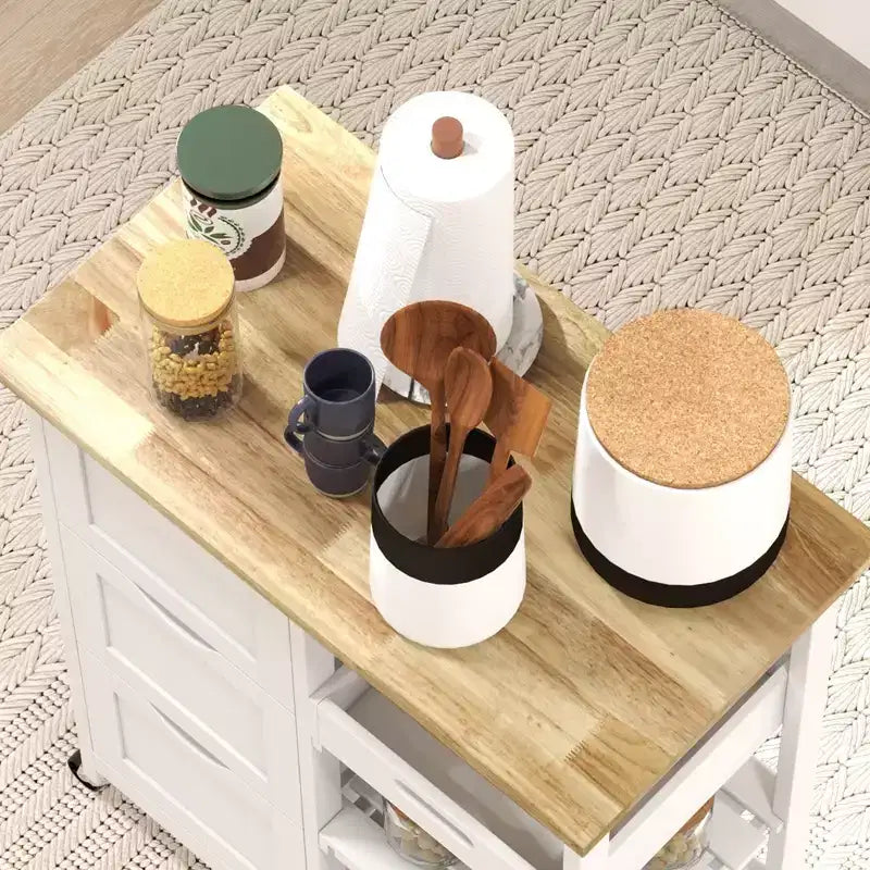 Îlot de cuisine moderne Okak avec plateau en bois, chariot de cuisine avec 3 tiroirs et 3 étagères, organisateur de comptoir pour salle à manger, cuisine