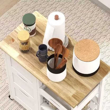 Îlot de cuisine moderne Okak avec plateau en bois, chariot de cuisine avec 3 tiroirs et 3 étagères, organisateur de comptoir pour salle à manger, cuisine