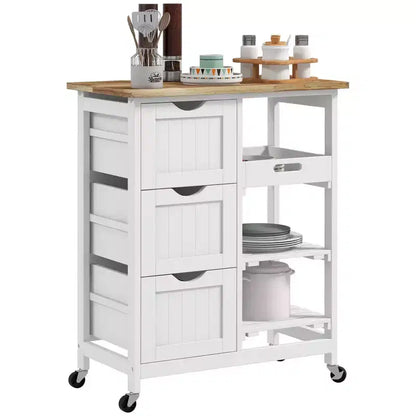 Îlot de cuisine moderne Okak avec plateau en bois, chariot de cuisine avec 3 tiroirs et 3 étagères, organisateur de comptoir pour salle à manger, cuisine
