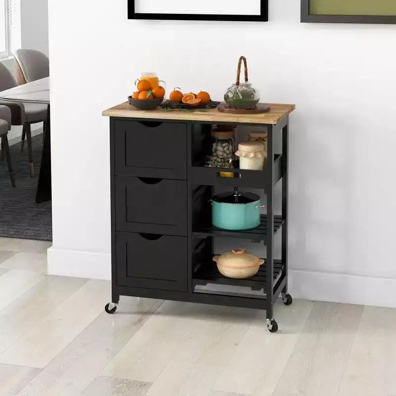 Îlot de cuisine moderne Okak avec plateau en bois, chariot de cuisine avec 3 tiroirs et 3 étagères, organisateur de comptoir pour salle à manger, cuisine