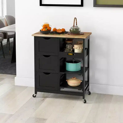 Îlot de cuisine moderne Okak avec plateau en bois, chariot de cuisine avec 3 tiroirs et 3 étagères, organisateur de comptoir pour salle à manger, cuisine