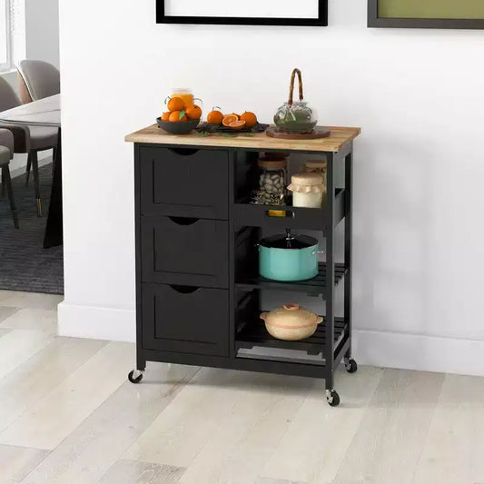 Îlot de cuisine moderne Okak avec plateau en bois, chariot de cuisine avec 3 tiroirs et 3 étagères, organisateur de comptoir pour salle à manger, cuisine