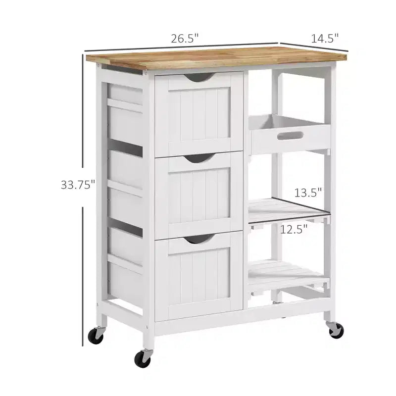 Îlot de cuisine moderne Okak avec plateau en bois, chariot de cuisine avec 3 tiroirs et 3 étagères, organisateur de comptoir pour salle à manger, cuisine