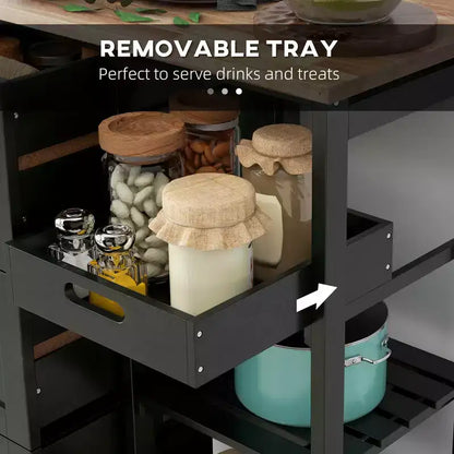 Îlot de cuisine moderne Okak avec plateau en bois, chariot de cuisine avec 3 tiroirs et 3 étagères, organisateur de comptoir pour salle à manger, cuisine