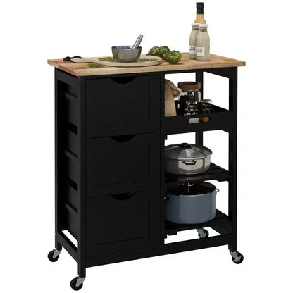 Îlot de cuisine moderne Okak avec plateau en bois, chariot de cuisine avec 3 tiroirs et 3 étagères, organisateur de comptoir pour salle à manger, cuisine