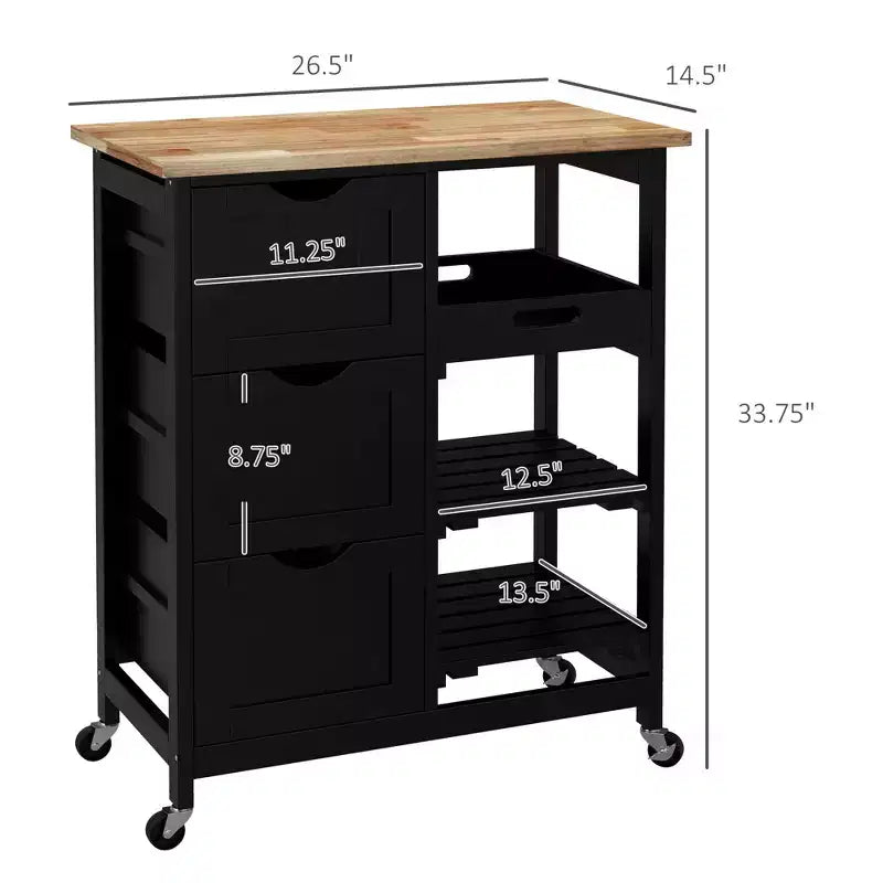 Îlot de cuisine moderne Okak avec plateau en bois, chariot de cuisine avec 3 tiroirs et 3 étagères, organisateur de comptoir pour salle à manger, cuisine