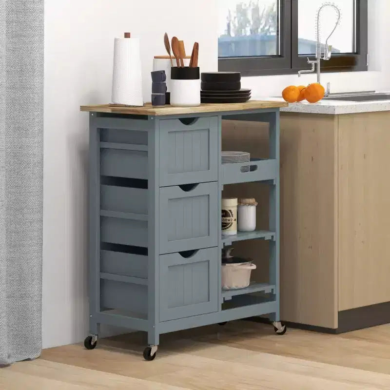 Îlot de cuisine moderne Okak avec plateau en bois, chariot de cuisine avec 3 tiroirs et 3 étagères, organisateur de comptoir pour salle à manger, cuisine