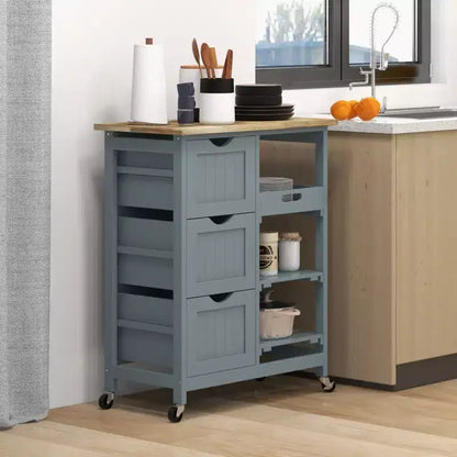 Îlot de cuisine moderne Okak avec plateau en bois, chariot de cuisine avec 3 tiroirs et 3 étagères, organisateur de comptoir pour salle à manger, cuisine