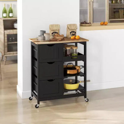 Okak Modern Kitchen Island with Wooden Top, Kitchen Cart with 3 Drawers and 3 Shelves, Countertop Organizer for Dining Room, Kitchen