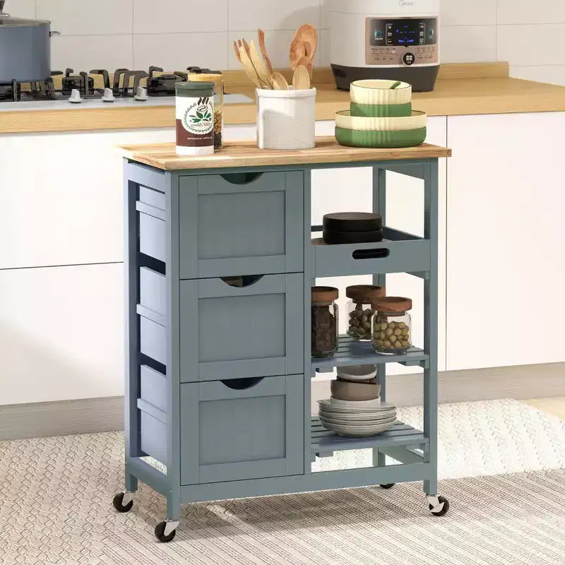 Îlot de cuisine moderne Okak avec plateau en bois, chariot de cuisine avec 3 tiroirs et 3 étagères, organisateur de comptoir pour salle à manger, cuisine