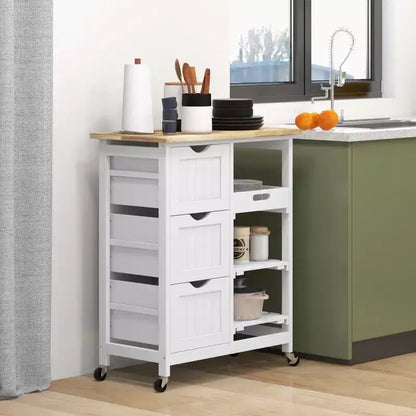 Îlot de cuisine moderne Okak avec plateau en bois, chariot de cuisine avec 3 tiroirs et 3 étagères, organisateur de comptoir pour salle à manger, cuisine