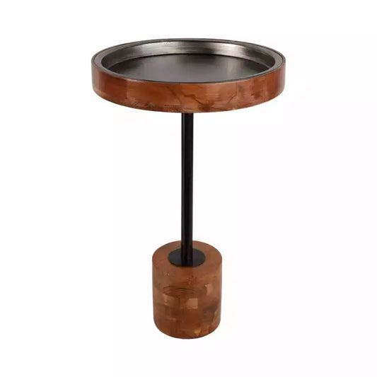 Table d'appoint moderne avec cadre en bois et plateau en métal - Design rond contemporain alliant chaleur et style pour la décoration intérieure - Marron