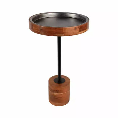 Table d'appoint moderne avec cadre en bois et plateau en métal - Design rond contemporain alliant chaleur et style pour la décoration intérieure - Marron