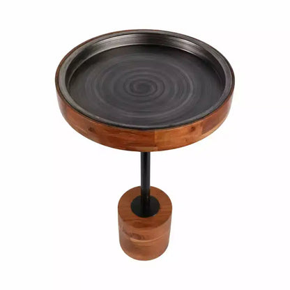Table d'appoint moderne avec cadre en bois et plateau en métal - Design rond contemporain alliant chaleur et style pour la décoration intérieure - Marron