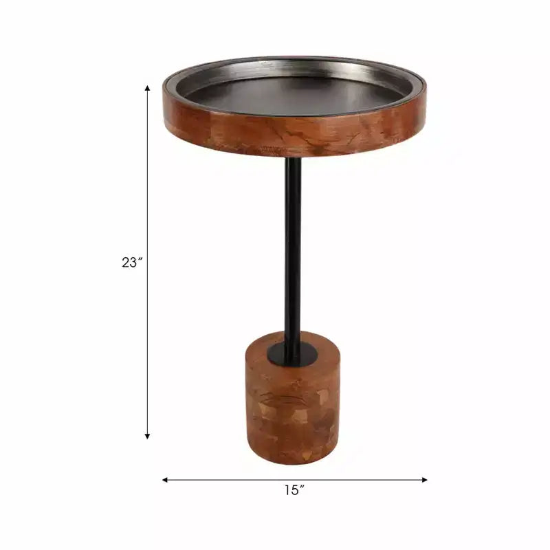 Table d'appoint moderne avec cadre en bois et plateau en métal - Design rond contemporain alliant chaleur et style pour la décoration intérieure - Marron