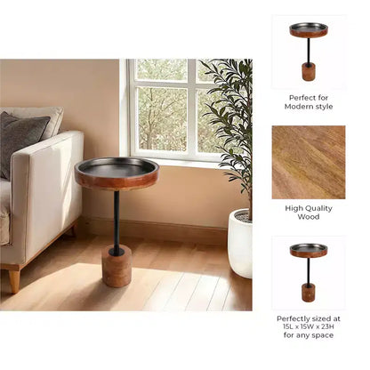 Table d'appoint moderne avec cadre en bois et plateau en métal - Design rond contemporain alliant chaleur et style pour la décoration intérieure - Marron