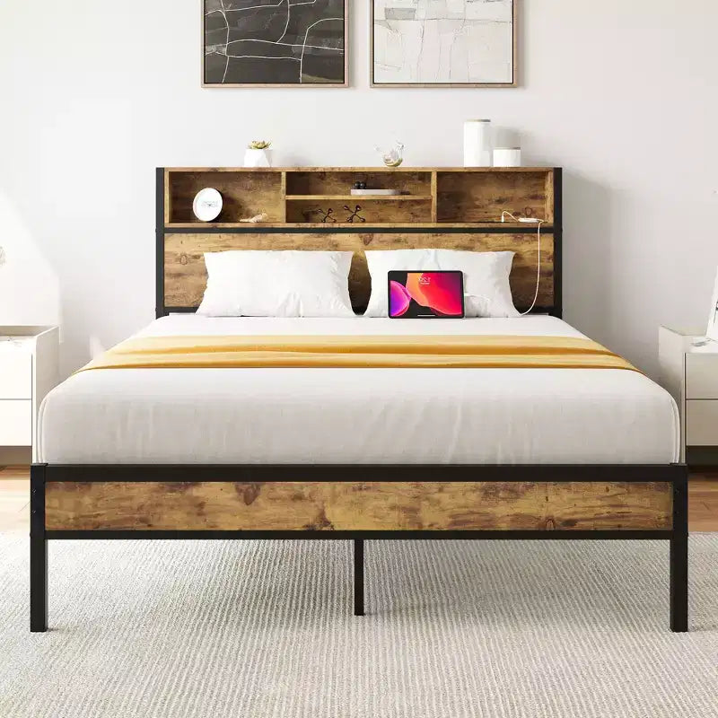 Okak Full Size Bed Frame with Storage Headboard, Metal Platform Bed with Charging Station, Bookcase Storage for Bedroom, Living Room, Black