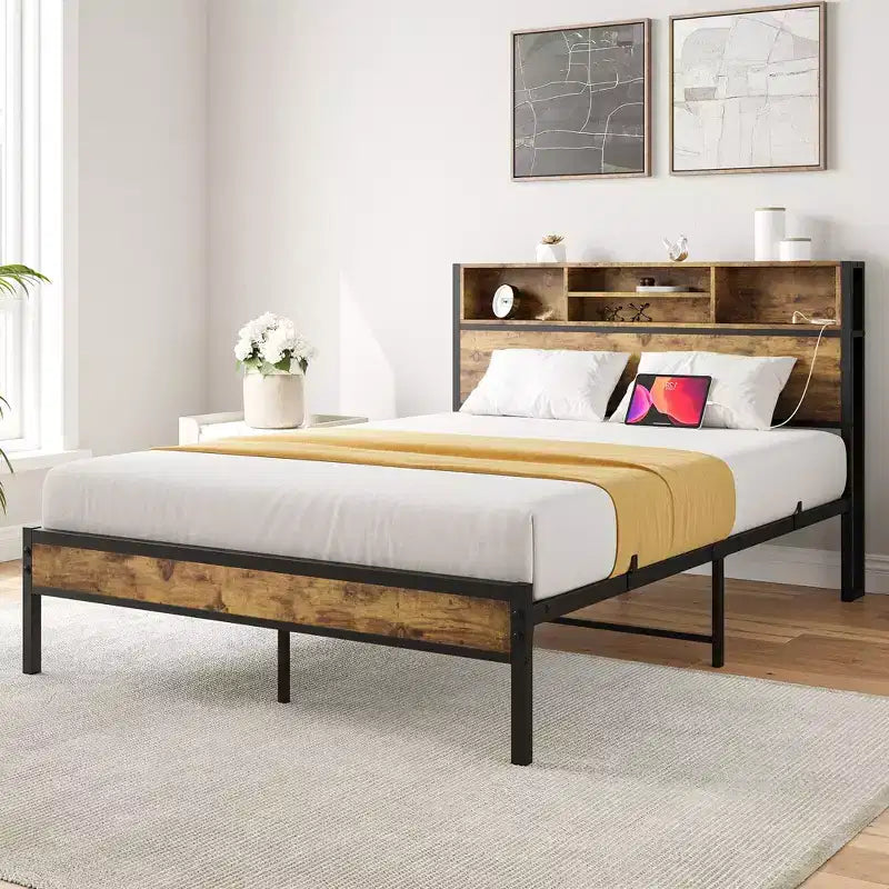 Cadre de lit double Okak avec tête de lit de rangement, lit plateforme en métal avec station de recharge, rangement bibliothèque pour chambre à coucher, salon, noir
