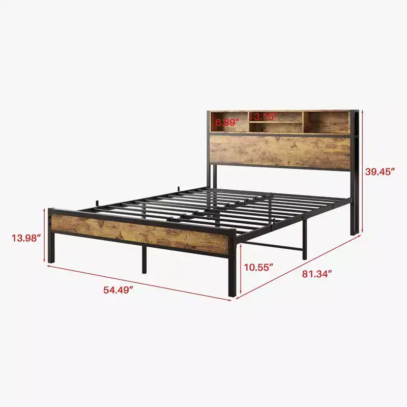 Cadre de lit double Okak avec tête de lit de rangement, lit plateforme en métal avec station de recharge, rangement bibliothèque pour chambre à coucher, salon, noir