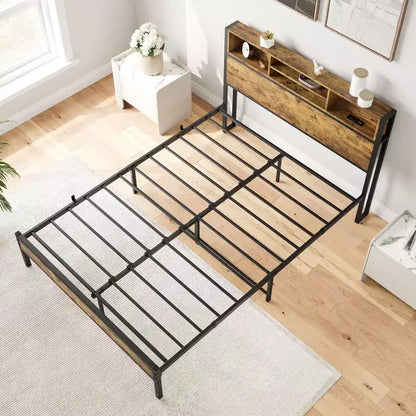 Cadre de lit double Okak avec tête de lit de rangement, lit plateforme en métal avec station de recharge, rangement bibliothèque pour chambre à coucher, salon, noir