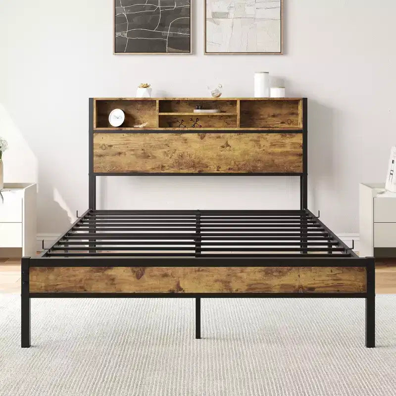 Cadre de lit double Okak avec tête de lit de rangement, lit plateforme en métal avec station de recharge, rangement bibliothèque pour chambre à coucher, salon, noir