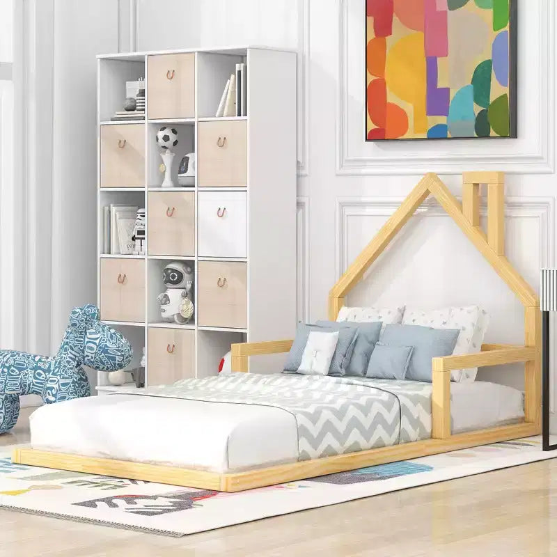 Okak Twin Size Bed Frame with Storage Headboard, Twin Size Wood Floor Bed with House-shaped Headboard for Bedroom, Natural