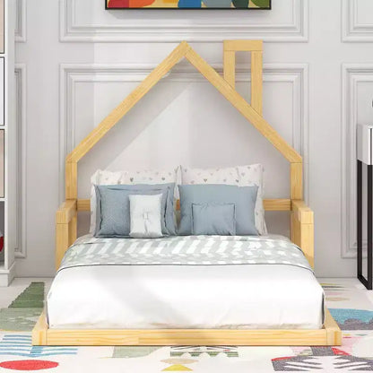Cadre de lit double Okak avec tête de lit de rangement, lit de plancher en bois double avec tête de lit en forme de maison pour chambre à coucher, naturel