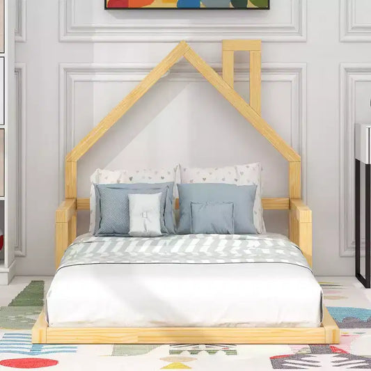 Cadre de lit double Okak avec tête de lit de rangement, lit de plancher en bois double avec tête de lit en forme de maison pour chambre à coucher, naturel