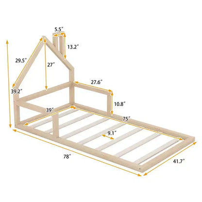 Cadre de lit double Okak avec tête de lit de rangement, lit de plancher en bois double avec tête de lit en forme de maison pour chambre à coucher, naturel