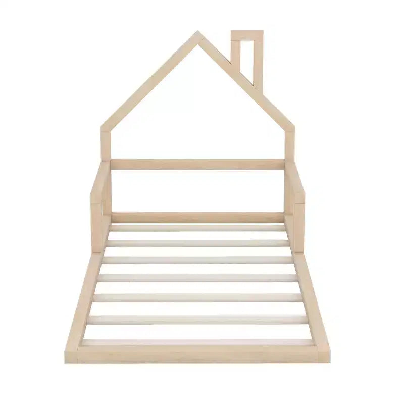 Cadre de lit double Okak avec tête de lit de rangement, lit de plancher en bois double avec tête de lit en forme de maison pour chambre à coucher, naturel
