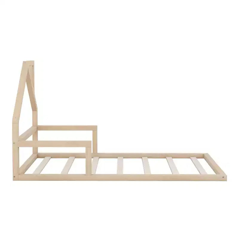 Cadre de lit double Okak avec tête de lit de rangement, lit de plancher en bois double avec tête de lit en forme de maison pour chambre à coucher, naturel