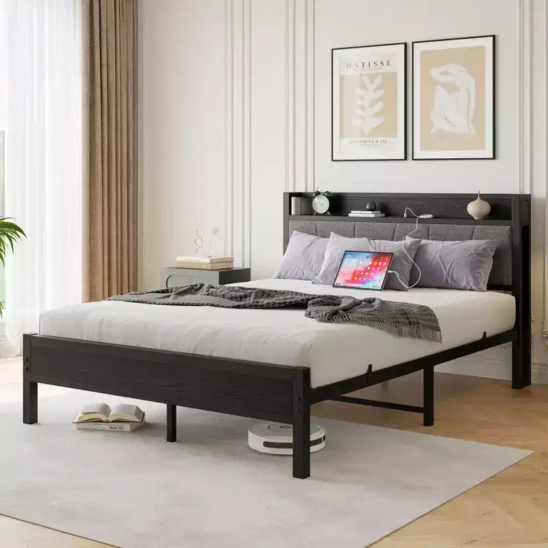 Lit Queen Size Okak avec tête de lit de rangement solide, lit plateforme avec tête de lit de rangement avec station de recharge pour chambre, noir