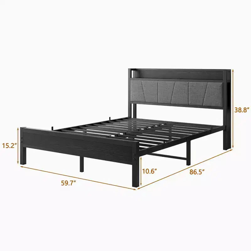 Lit Queen Size Okak avec tête de lit de rangement solide, lit plateforme avec tête de lit de rangement avec station de recharge pour chambre, noir