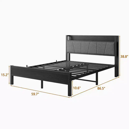 Lit Queen Size Okak avec tête de lit de rangement solide, lit plateforme avec tête de lit de rangement avec station de recharge pour chambre, noir