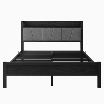 Lit Queen Size Okak avec tête de lit de rangement solide, lit plateforme avec tête de lit de rangement avec station de recharge pour chambre, noir