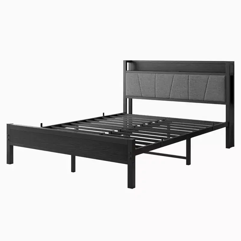 Lit Queen Size Okak avec tête de lit de rangement solide, lit plateforme avec tête de lit de rangement avec station de recharge pour chambre, noir