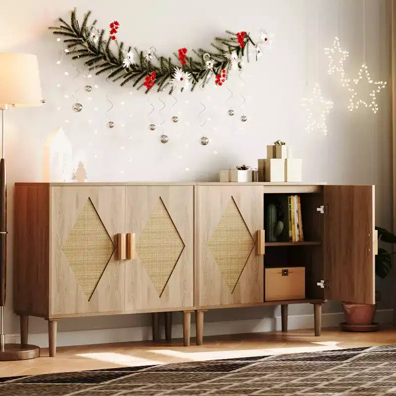 Meuble de rangement, Armoire de rangement avec portes en rotin, Buffet multifonctionnel avec étagères intérieures réglables pour salon, entrée, Naturel