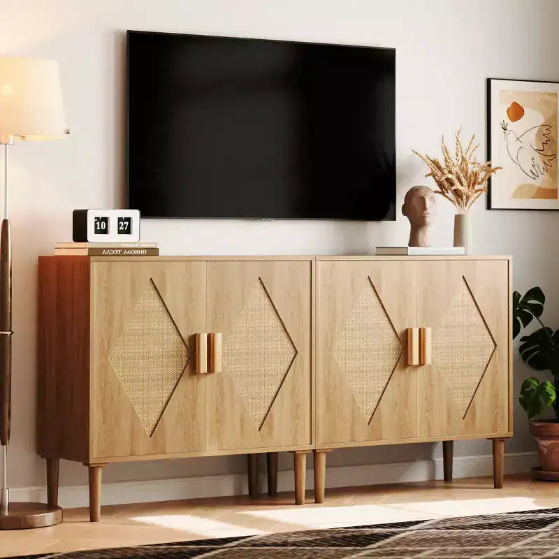 Meuble de rangement, Armoire de rangement avec portes en rotin, Buffet multifonctionnel avec étagères intérieures réglables pour salon, entrée, Naturel