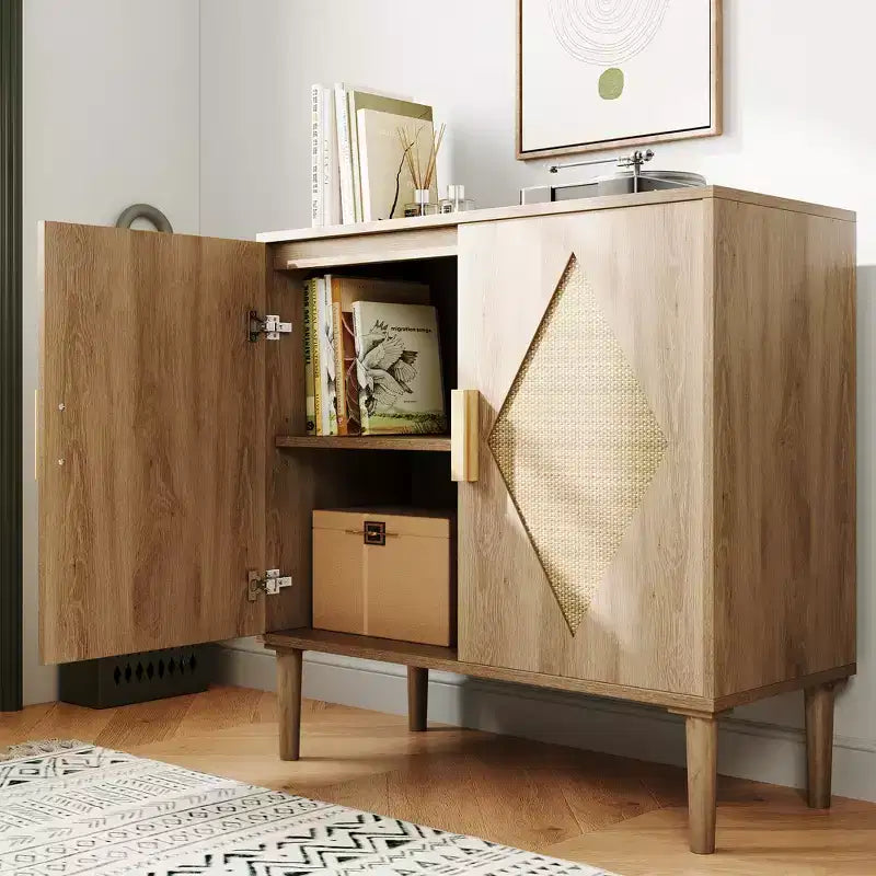 Meuble de rangement, Armoire de rangement avec portes en rotin, Buffet multifonctionnel avec étagères intérieures réglables pour salon, entrée, Naturel