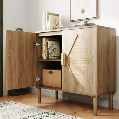 Meuble de rangement, Armoire de rangement avec portes en rotin, Buffet multifonctionnel avec étagères intérieures réglables pour salon, entrée, Naturel