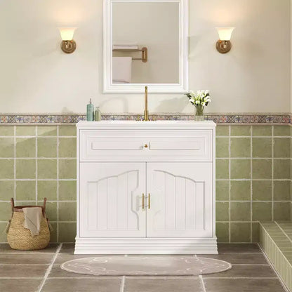 Meuble-lavabo de luxe de 36 pouces avec lavabo en céramique, meuble-lavabo avec deux grandes portes à fermeture amortie, armoire de rangement de salle de bain en bois massif.