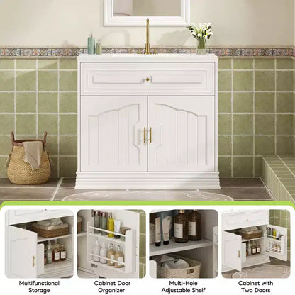 Meuble-lavabo de luxe de 36 pouces avec lavabo en céramique, meuble-lavabo avec deux grandes portes à fermeture amortie, armoire de rangement de salle de bain en bois massif.