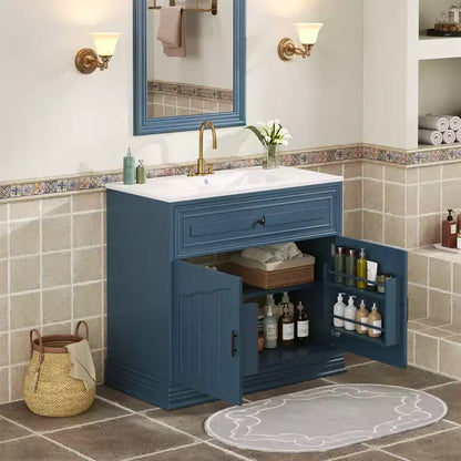 Meuble-lavabo de luxe de 36 pouces avec lavabo en céramique, meuble-lavabo avec deux grandes portes à fermeture amortie, armoire de rangement de salle de bain en bois massif.