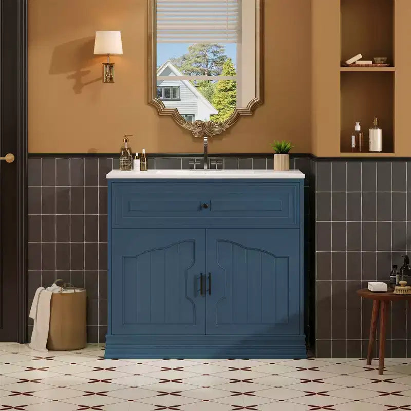 Meuble-lavabo de luxe de 36 pouces avec lavabo en céramique, meuble-lavabo avec deux grandes portes à fermeture amortie, armoire de rangement de salle de bain en bois massif.
